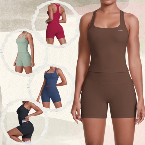 Bộ tập beYoga SET5128 - Áo Tanktop Kèm Bra & Quần Biker Lửng Có Túi