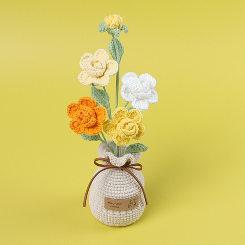 (Túi+Thiệp) Chậu Hoa Đế Len - Hoa hồng 4 bông - Cam