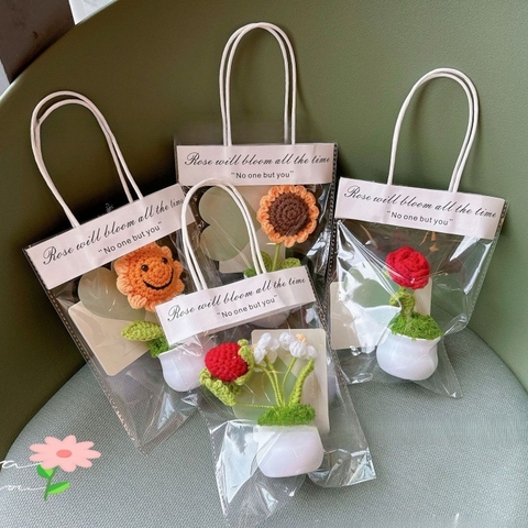 Chậu hoa len để bàn handmade nhiều mẫu dễ thương kèm túi thiệp quà tặng 21/10, sinh nhật, tốt nghiệp, decor trang trí