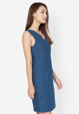 Đầm suông Lovadova màu jean cổ V