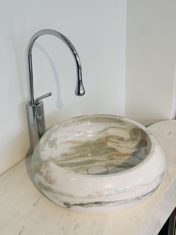 LAVABO ĐÁ TỰ NHIÊN - TRÒN MỎNG PHÌNH THÂN - ONYX TRẮNG ALASKA VÂN XANH - BST17