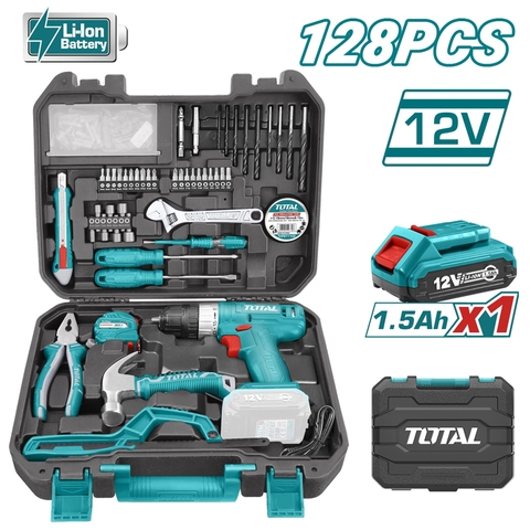 BỘ 128 MÓN BAO GỒM MÁY KHOAN DÙNG PIN 12V TOTAL - THKTHP11282
