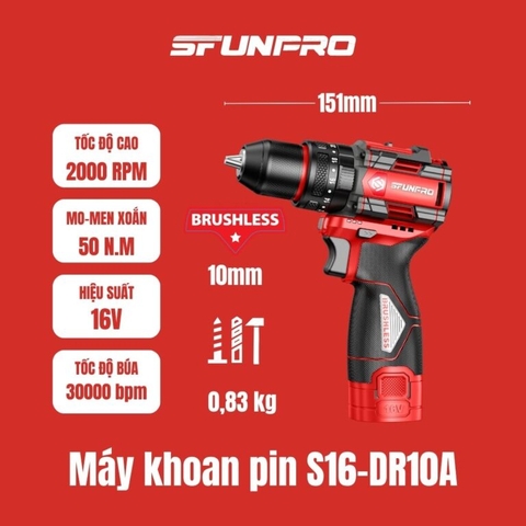 MÁY KHOAN 10MM CÓ BÚA PIN 16V/2Ah (2PIN, 1SẠC) SFUNPRO - S16DR10A
