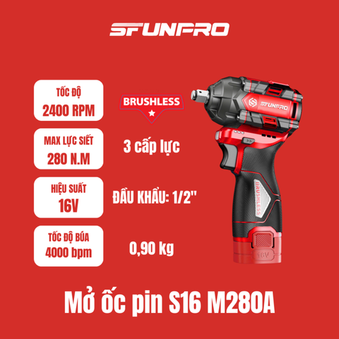 MÁY MỞ ỐC 280N.m PIN 16V/2Ah (2PIN, 1SẠC) SFUNPRO - S16M280A