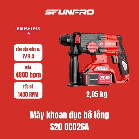 MÁY KHOAN BÊ TÔNG 3CN PIN 20V/4Ah (2PIN, 1SẠC) SFUNPRO - S20DCD26A