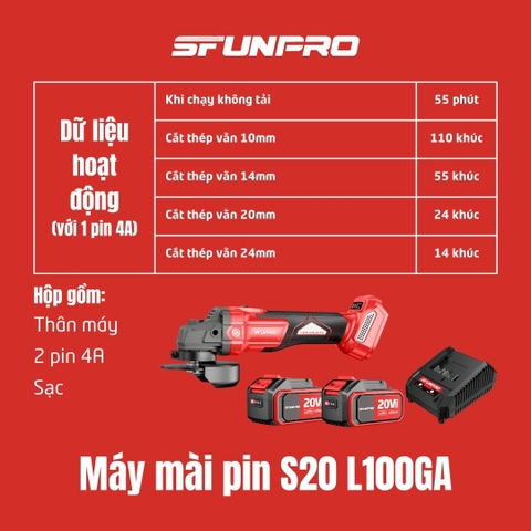 MÁY MÀI 100MM PIN 20V/4Ah (2PIN, 1SẠC) SFUNPRO - S20L100GA