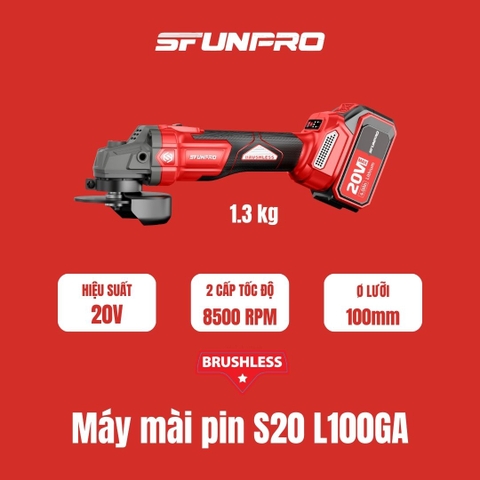 MÁY MÀI 100MM PIN 20V/4Ah (2PIN, 1SẠC) SFUNPRO - S20L100GA