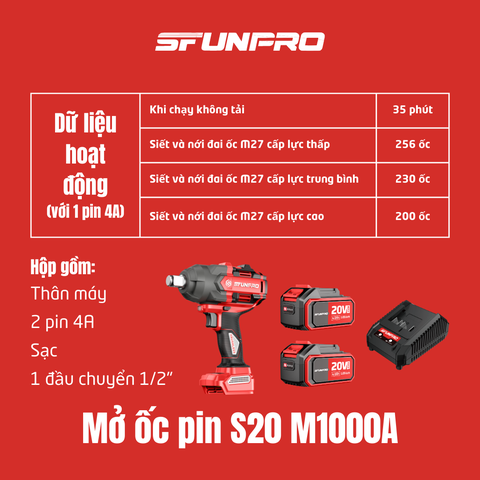 MÁY MỞ ỐC 1000N.m PIN 20V/8Ah (2PIN, 1SẠC) SFUNPRO - S20M1000A-8AH