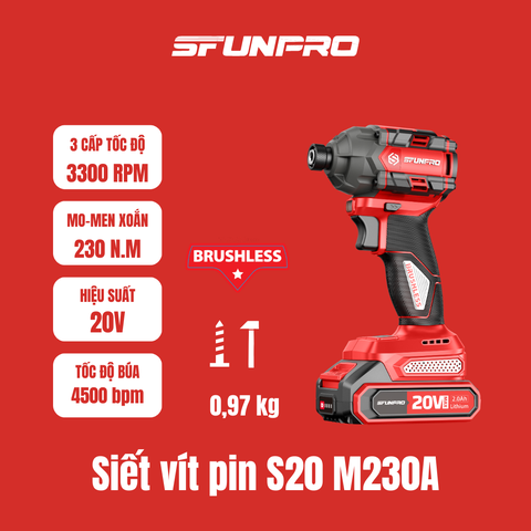 MÁY SIẾT VÍT 230N.m PIN 20V/2Ah (2PIN, 1SẠC) SFUNPRO - S20M230A