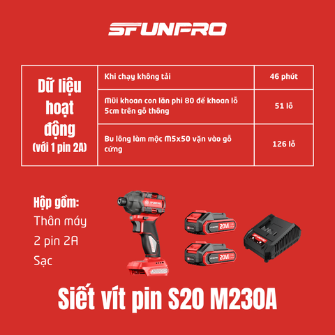 MÁY SIẾT VÍT 230N.m PIN 20V/2Ah (2PIN, 1SẠC) SFUNPRO - S20M230A