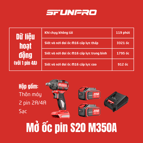 MÁY MỞ ỐC 350N.m PIN 20V/4Ah (2PIN, 1SẠC) SFUNPRO - S20M350A-4AH