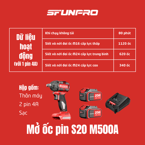 MÁY MỞ ỐC 500N.m PIN 20V/4Ah (2PIN, 1SẠC) SFUNPRO - S20M500A
