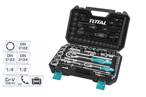 BỘ SOCKET 1/4 + 1/2INCH VÀ CẦN 2 CHIỀU 44 MÓN TOTAL - THT421441