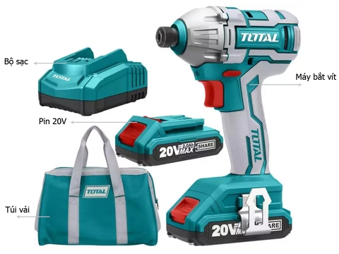 MÁY SIẾT VÍT DÙNG PIN LITHIUM 20V (2 PIN, 1 SẠC) KHÔNG CHỔI THAN TOTAL - TIRLI2002