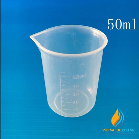 Ca đong hóa chất, bằng nhựa, có chia vạch, không có quai, có mỏ, 50ml