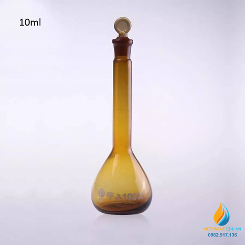 Bình định mức thủy tinh, màu nâu hổ phách, nút cổ mài, thành dày, dung tích 10ml
