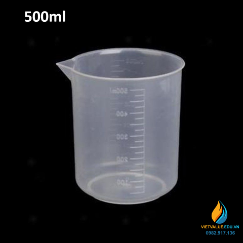 Ca đong hóa chất, bằng nhựa, có chia vạch, không có quai, có mỏ, 500ml