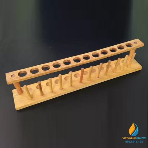 Giá cắm ống nghiệm bằng gỗ, 12 lỗ, 12 que cắm, lỗ 2.3cm