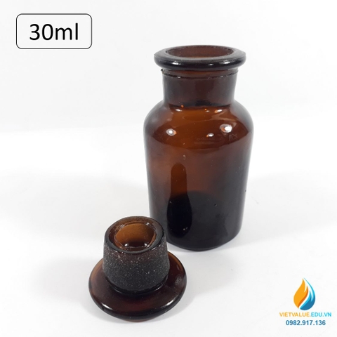 Chai đựng hóa chất, thủy tinh, có nắp, màu nâu hổ phách, 30ml