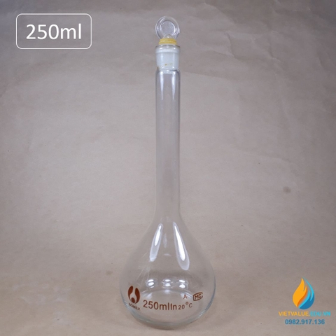 Bình định mức thủy tinh, màu trong suốt, nút cổ mài, thành dày, dung tích 250ml