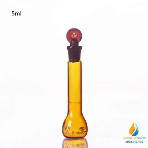 Bình định mức thủy tinh, màu nâu hổ phách, nút cổ mài, thành dày, dung tích 5ml