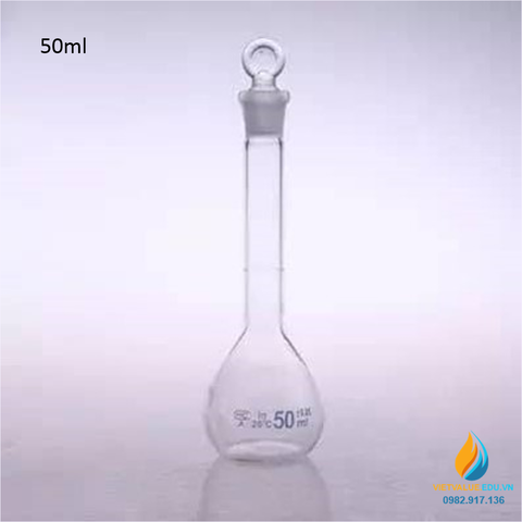 Bình định mức thủy tinh, màu trong suốt, nút cổ mài, thành dày, dung tích 50ml
