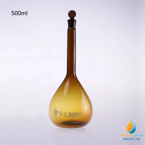 Bình định mức thủy tinh, màu nâu hổ phách, nút cổ mài, thành dày, dung tích 500ml