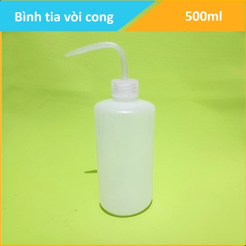 Bình tia nắp trắng, vòi cong, dung tích 500ml, nhựa PP  có vạch chia