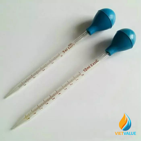 Pipet hút thủy tinh, ống hút chia vạch 10ml, bầu cao su, dài 23cm