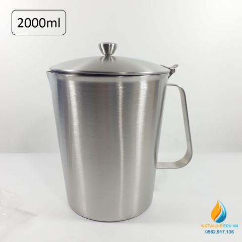 Ca Inox 304 có nắp, dung tích 2000ml, vạch chia, có quai, có cỏ rót