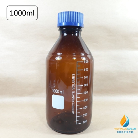 Chai trung tính 1000ml màu nâu hổ phách, nắp vặn xanh, chịu nhiệt