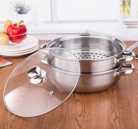 Bộ Nồi Hấp 2 Tầng inox Nắp Mặt Kính
