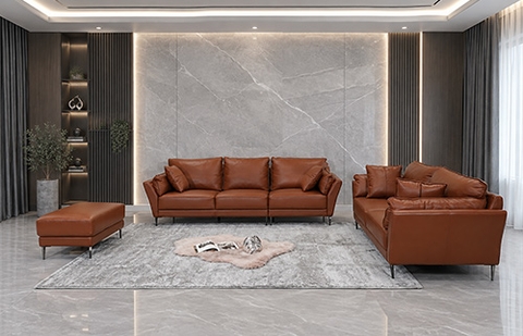 Bộ sofa da thật ML1001/228 màu nâu socola, ghế 4 chỗ kèm đôn tại MELINH FURNITURE