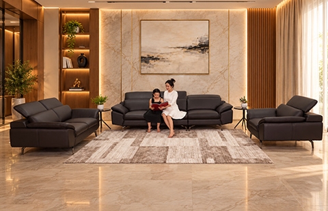 Bộ sofa da thật ZL2876/2012 màu nâu đậm, lưng thấp, ghế 4 chỗ