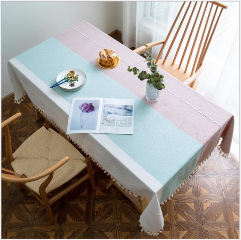 Khăn trải bàn sợi dệt cao cấp sọc xanh hồng nhã nhặn Landecor - TB444