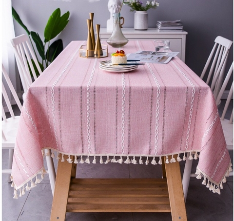 Khăn trải bàn sợi dệt kẻ sọc chữ X nền hồng trang nhã Landecor - TB438