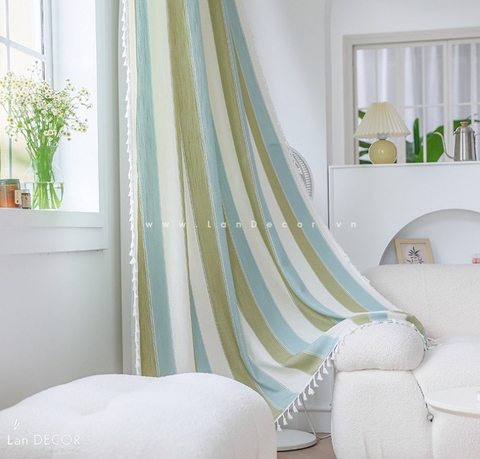 RÈM SỢI DỆT CAO CẤP KẺ SỌC XANH TRẮNG LANDECOR - RTB326