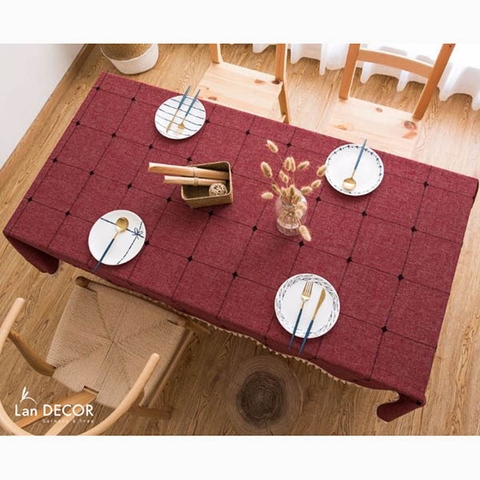 Khăn trải bàn kẻ ô vuông lớn màu đỏ Landecor sang trọng -TB490