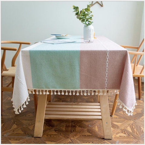 Khăn trải bàn sợi dệt cao cấp sọc xanh hồng nhã nhặn Landecor - TB444