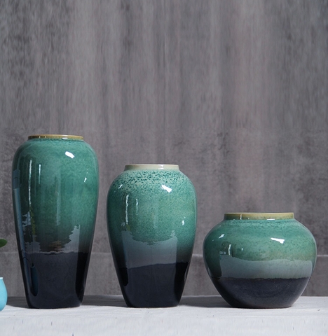 Bình gốm xanh ngọc men hỏa biến, cao 27cm - BG219