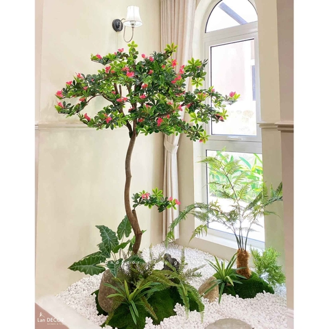 Tiểu Cảnh Cây Giả- Thiết Kế Tiểu Cảnh Cây Đỗ Quyên Giả Decor Phòng Khách Căn Hộ Độc Đáo (135X145X220cm)- RC094