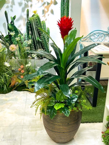 Cây Giả Decor- Cây Phát Lộc Hoa Đỏ Trang Trí Không Gian Sống Động (cao 120cm, tán 65cm)- CC1132