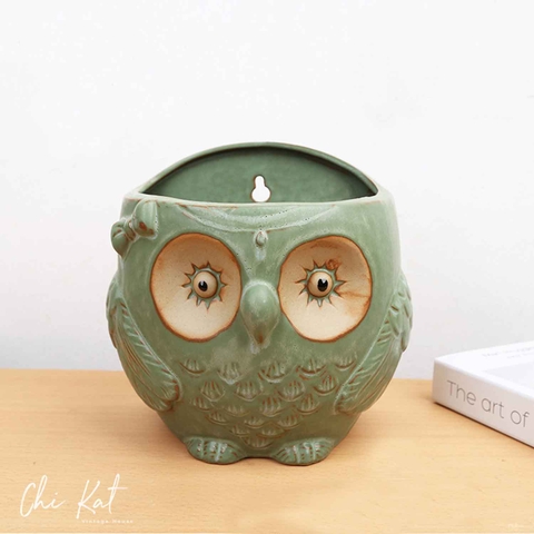 Chậu gốm treo tường hình cú - DC079