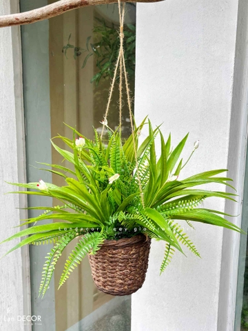 Giỏ Cây Treo Tường - Giỏ Lan Trắng Giả Trang Trí Tiểu Cảnh Xanh (45cm)- CC1313
