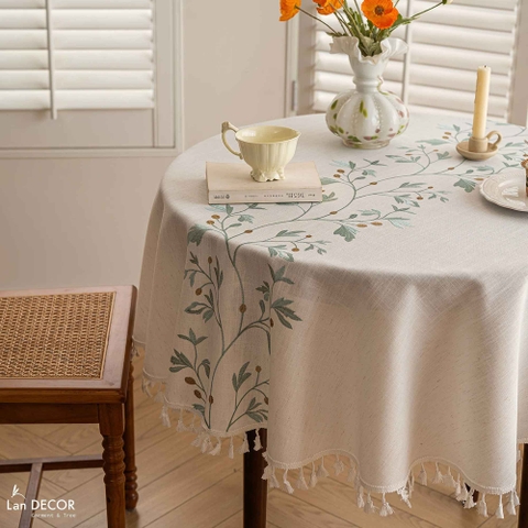 Khăn Trải Bản Trắng Thêu Hoa Xanh, Trang Trí Căn Hộ Đẹp Nhẹ Nhàng, Tinh tế- TB595