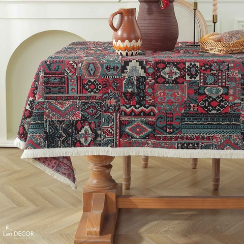 Khăn trải bàn họa tiết thổ cẩm, decor xinh xắn, viền ren tua tạo điểm nhấn - TB591