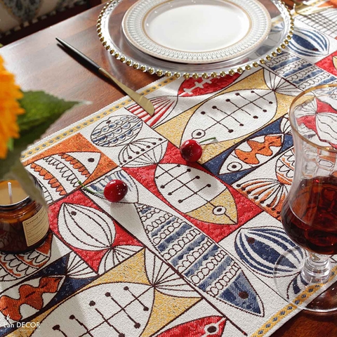 Khăn Trải Bàn Runner Họa Tiết Cá Phú Quý Phù Hợp Trưng Bày Phòng Ăn, Phòng Khách - Khăn Trải Bàn Lan Decor- TBR587