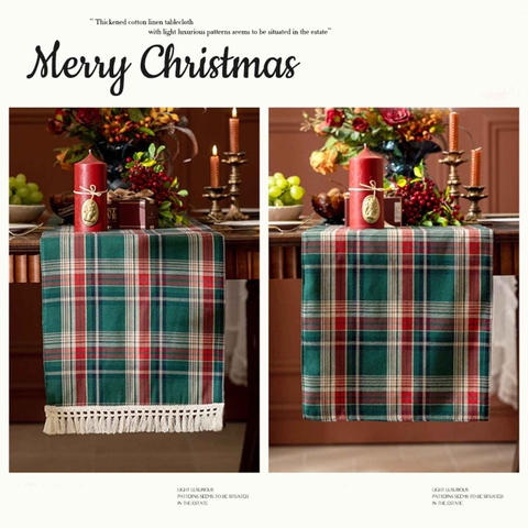 Khăn runner họa tiết caro trải bàn noel, tiệc Giáng sinh sang trọng- TBR582