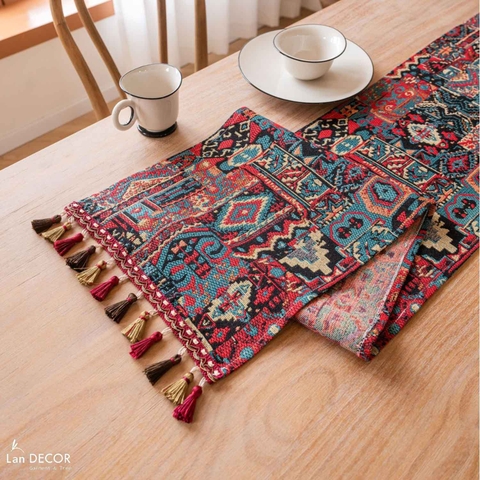 Khăn runner chuông họa tiết thổ cẩm, điểm nhấn sắc màu độc đáo cho bàn ăn- TBR591