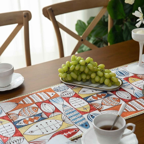 Khăn Trải Bàn Runner Họa Tiết Cá Phú Quý Phù Hợp Trưng Bày Phòng Ăn, Phòng Khách - Khăn Trải Bàn Lan Decor- TBR587
